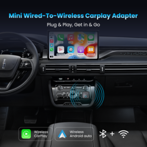 CA525-M wireless adapter with an illustrated CarPlay dashboard and wireless connection features
