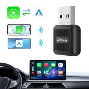 CA530-M USB wireless adapter with CarPlay and Android Auto connection illustration