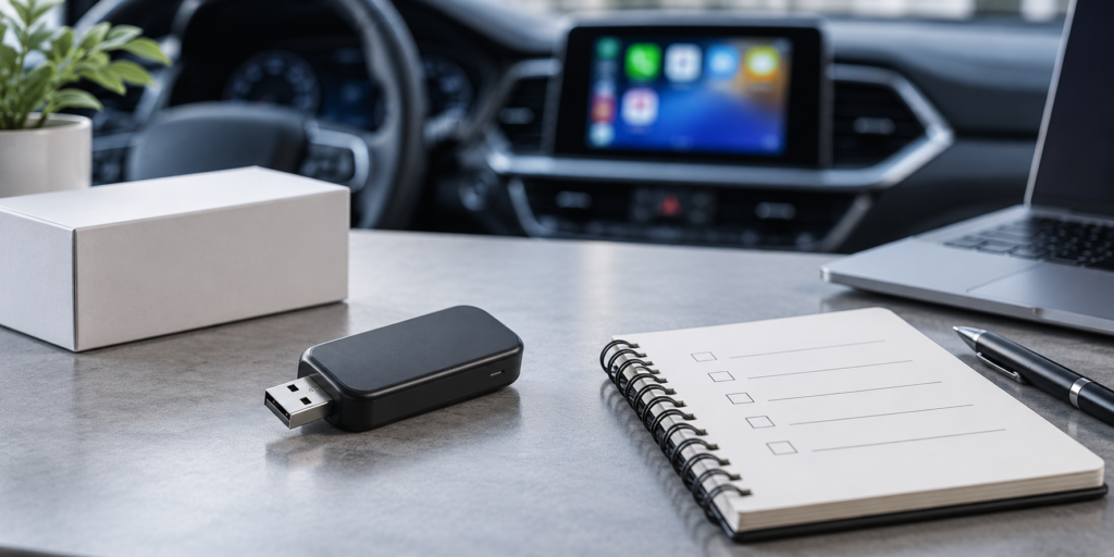 Illustrative wireless CarPlay adapter supplier evaluation with a sample device and checklist