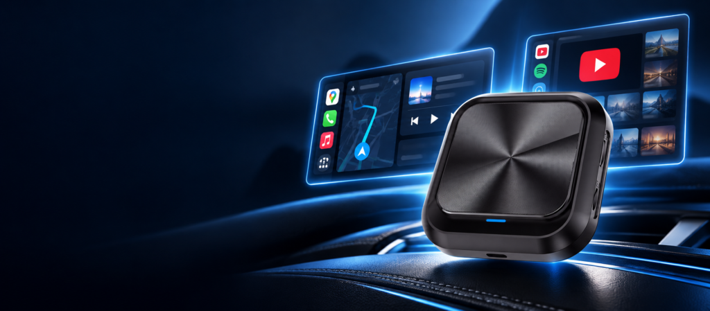 Illustrative PCS55-M Android AI Box campaign scene with navigation, music and parked-use entertainment