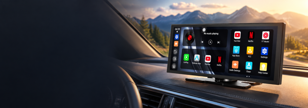 Illustrative N95 portable car display scene showing CarPlay, Android Auto and parked-use entertainment