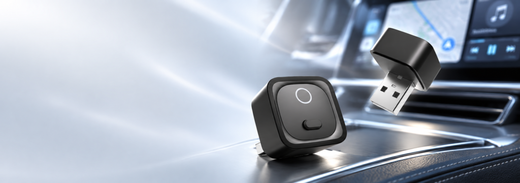 Illustrative CA525-M wireless CarPlay adapter scene with navigation and music